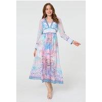 Izabel London Women's Border Print Layered Empire Midi Dress in Blue | Size: 12