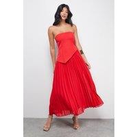 Warehouse Women's Bandeau Bodice Pleated Chiffon Midi Dress in Red | Size: 16