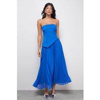 Warehouse Women's Bandeau Bodice Pleated Chiffon Midi Dress in Cobalt | Size: 12