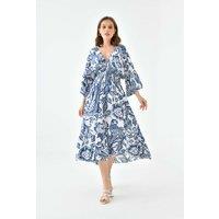 HOXTON GAL Women's Oversized Flutter Sleeves Shirred Waist V Neck Midi Dress with Floral Print in Navy