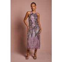 Coast Women's Petite High Neck Beaded Column Midi Dress in Lilac | Size: 10