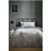 Catherine Lansfield 'Skeleton Fleece' Glow in the Dark Duvet Cover Set in Grey | Size: Single