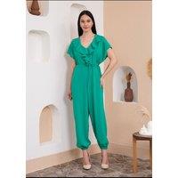 HOXTON GAL Women's Oversized Short Sleeves Frilled Front Jumpsuit in Green