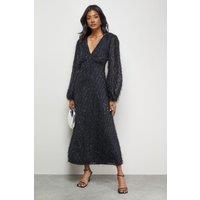 Warehouse Women's Sequin Embellished Fluffy Plunge Neck Midi Dress in Black | Size: 8