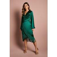 Coast Women's Satin Fringe Hem Wrap Waist Midi Dress in Emerald | Size: 8