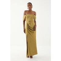MissPap Women's Bardot Ruched Satin Bridesmaid Dress in Olive | Size: 14