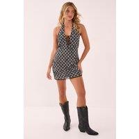 NastyGal Women's Embellished Grid Lace Up Front Mini Dress in Black | Size: 8