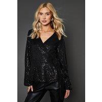 Dorothy Perkins Women's Sequin Tie Waist Wrap Top in Black | Size: 8