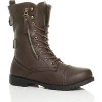 AJVANI Women's Low Heel Lace Up Zips Military Biker Faux Leather Ankle Boots in Brown | Size: 8
