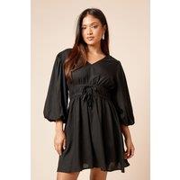 Dorothy Perkins Women's Petite Tie Detail Blouson Sleeve Mini Dress in Black | Size: 6