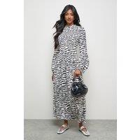 Warehouse Women's Satin Shirred Bodice Balloon Sleeve Midi Dress in Mono | Size: 12