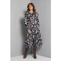 Wallis Women's Floral Satin Jacquard Ruffle Midi Dress in Chocolate | Size: 18