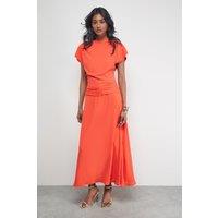 Warehouse Women's Chiffon Grown On Sleeve Drop Waist Midi Dress in Orange | Size: 10