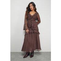 Warehouse Women's Petite Chiffon Ruffle Gathered Bodice Midi Dress in Chocolate | Size: 8