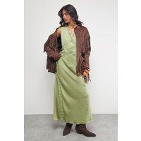 Warehouse Women's Satin Contrast Lace Midi Slip Dress in Olive | Size: 12