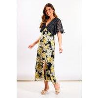 Needs No Label Women's Yellow Floral Flutter Sleeve Midi Dress | Size: 8