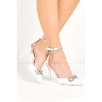 Miss Diva Women's Natalie Satin Pointed Toe Diamante Bow & Strap Court Shoes Heels in Ivory | Size: 8
