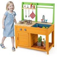 Costway Mud Kitchen Wooden Kids Toy Kitchen Outdoor Pretend Playset in Orange