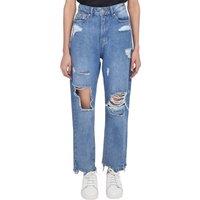 Smart Living Women's Casual Style High-Waisted Torn Hem Rip Mom Jeans in Mid Blue | Size: 10