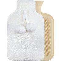 Smart Living Soft Hot Water Bottle with Pompom Fleece Cover - 23x35cm in Cream | Size: 23x35 cm