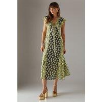Mixed Floral Frill Tie Front Midi Tea Dress