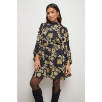 Oasis Women's Petite High Neck Gathered Waist Balloon Sleeve Mini Dress in Black | Size: 10