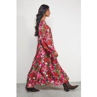 Warehouse Women's Chiffon Tie Front Volume Midi Smock Dress in Floral | Size: 8