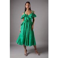 Strappy Cold Shoulder Broderie Frill Midi Dress