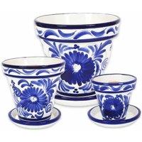 Verano Spanish Ceramics Blue Floral Hand Painted Set of 3 Classic Pots & Drainage Plates (D) 16-29cm