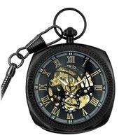 TruClothing Mechanical Skeleton Open Face Square Pocket Watch With Chain in Black