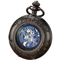 TruClothing Mechanical Skeleton Half Hunter Vintage Pocket Watch With Chain in Black