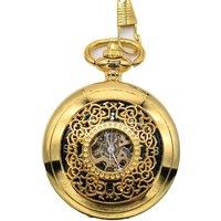 TruClothing Mechanical Skeleton Half Hunter Antique Brass Vintage Pocket Watch With Chain in Gold