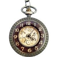 TruClothing Mechanical Skeleton Wooden Half Hunter Pocket Watch With Chain in Gold