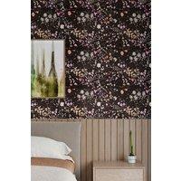 Living and Home Black-Background Floral Wallpaper with Daisies, Roses & Violets with Leaves & Vines in Black