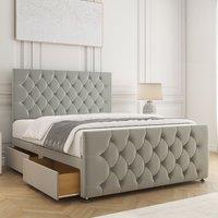 BSSPOKE Maya Velvet Plush Divan Bed 24Headboard & Footboard 4Drawers Mattress in Silver | Size: King