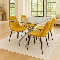 KOSY KOALA Modern Rectangle Glass Dining Table Set With 4 Mustard Gem Pattern Chairs Dining Room Furniture in Beige