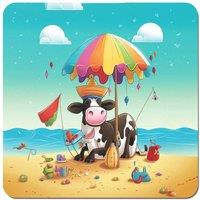Warren Reed - Designer Cow On A Beach Holiday Coasters - Set of 4 in Yellow