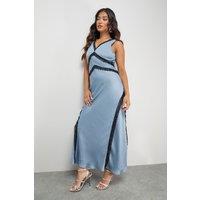 Warehouse Women's Petite Satin Contrast Lace Midi Slip Dress in Blue | Size: 10