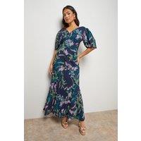 Oasis Women's Petite Printed Chiffon Puff Sleeve Fishtail Midaxi Dress in Navy | Size: 8