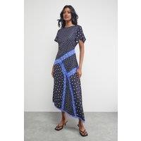 Warehouse Women's Satin Lace Panelled Asymmetric Midi Dress in Black | Size: 8