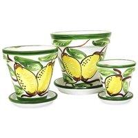 Verano Spanish Ceramics Lemons Hand Painted Set of 3 Classic Plant Pots & Drainage Plates (D) 16-29cm