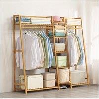 H&O Direct Trapezoid Bamboo Garment Rack with Tiered Storage Shelves in Brown