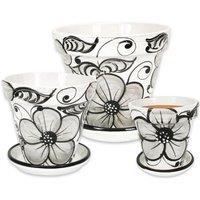 Verano Spanish Ceramics Grey Flowers Hand Painted Set of 3 Classic Pots & Drainage Plates (D) 16-29cm