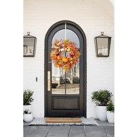 H&O Direct 50cm Dia Halloween Artificial Pumpkin Maple Leaves Wreath in Orange