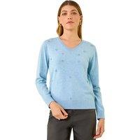 Roman Women's V-Neck Flower Hotfix Jumper in Light Blue | Size: 12
