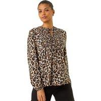 Roman Women's Animal Print Shirred Tie Neck Top in Tan | Size: 10