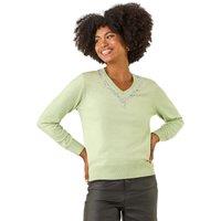 Roman Women's V-Neck Embellished Trim Jumper in Pale Green | Size: 14