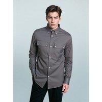 TopLook London Men's Mens Business Casual Shirt - Cotton Long Sleeve with Pockets in Mid Grey | Size: Large