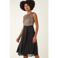 Roman Women's Sequin Bodice Belted Chiffon Dress in Gold | Size: 20