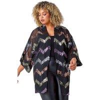 Roman Women's Curve 3/4 Sleeve Sequin Zig Zag Kimono in Black | Size: 18